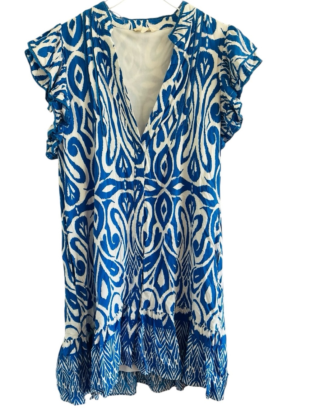 entro Blue and White Printed Ruffle Sleeve Tunic